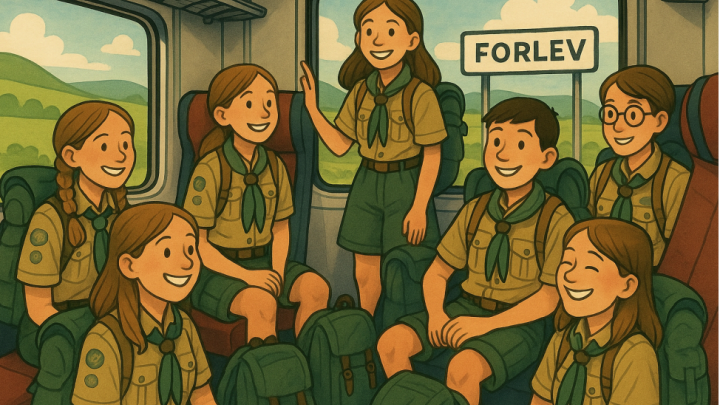En tegning af spejdere i et tof på vej mod Forlev Spejdercenter