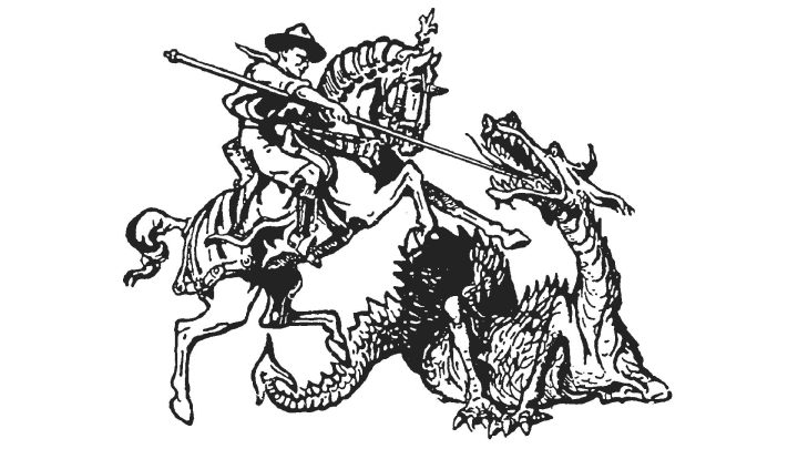 En tegning af en spejder der som Sct. Georg spidder en drage